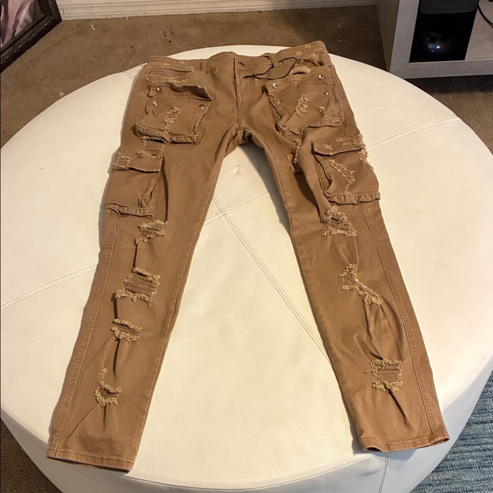 Men's Distressed Tan Cargo Pants